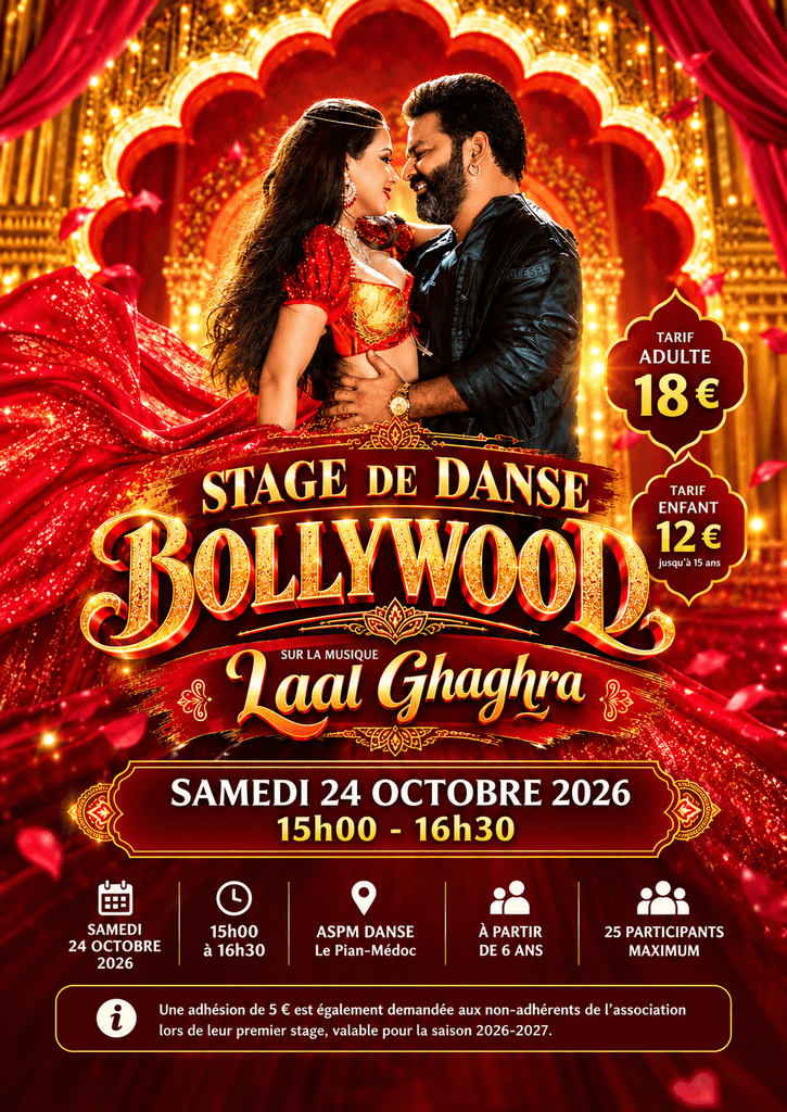 Affiche du stage de danse Bollywood Laal Ghaghra, 24 octobre 2026 au Pian-Médoc