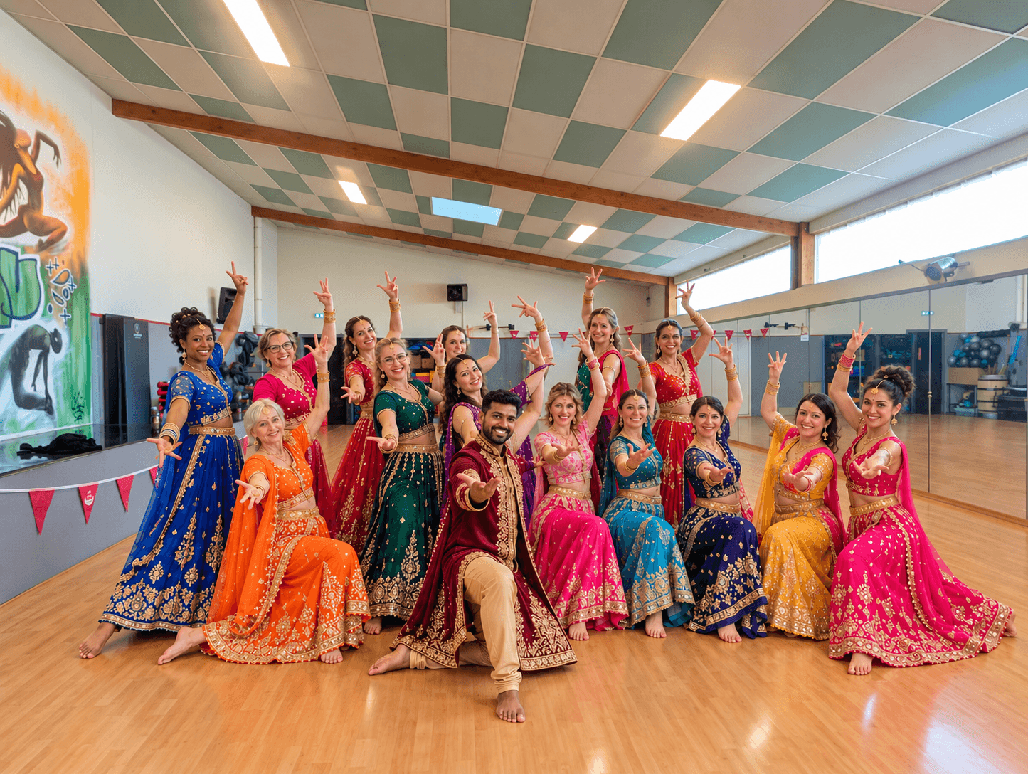 Ensemble de danseuses et danseurs Bollywood en tenues colorées dans un studio de danse