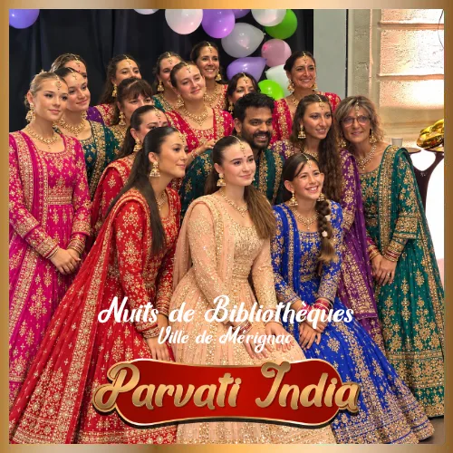 La troupe de danse Bollywood Parvati India en tenues traditionnelles indiennes, Nuits de Bibliothèques, Ville de Mérignac